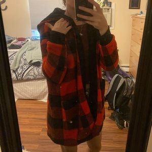 american eagle red and black fuzzy jacket